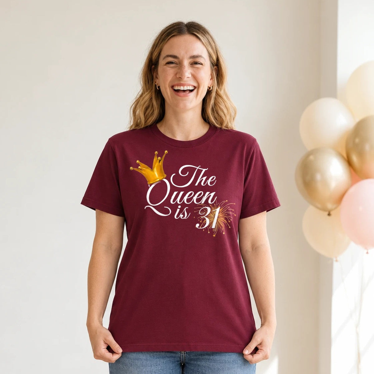 The Queen Is 31 - 31st Birthday Queen T-Shirt for Women - Burgundy Round Neck