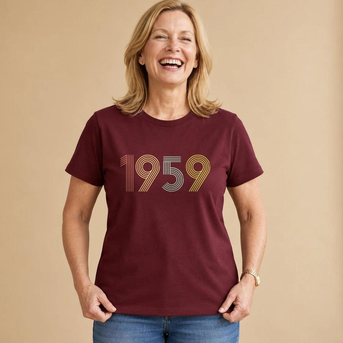 1959 Birth Year Shirt - Retro 67th Birthday T-Shirt for Women - Burgundy Round Neck