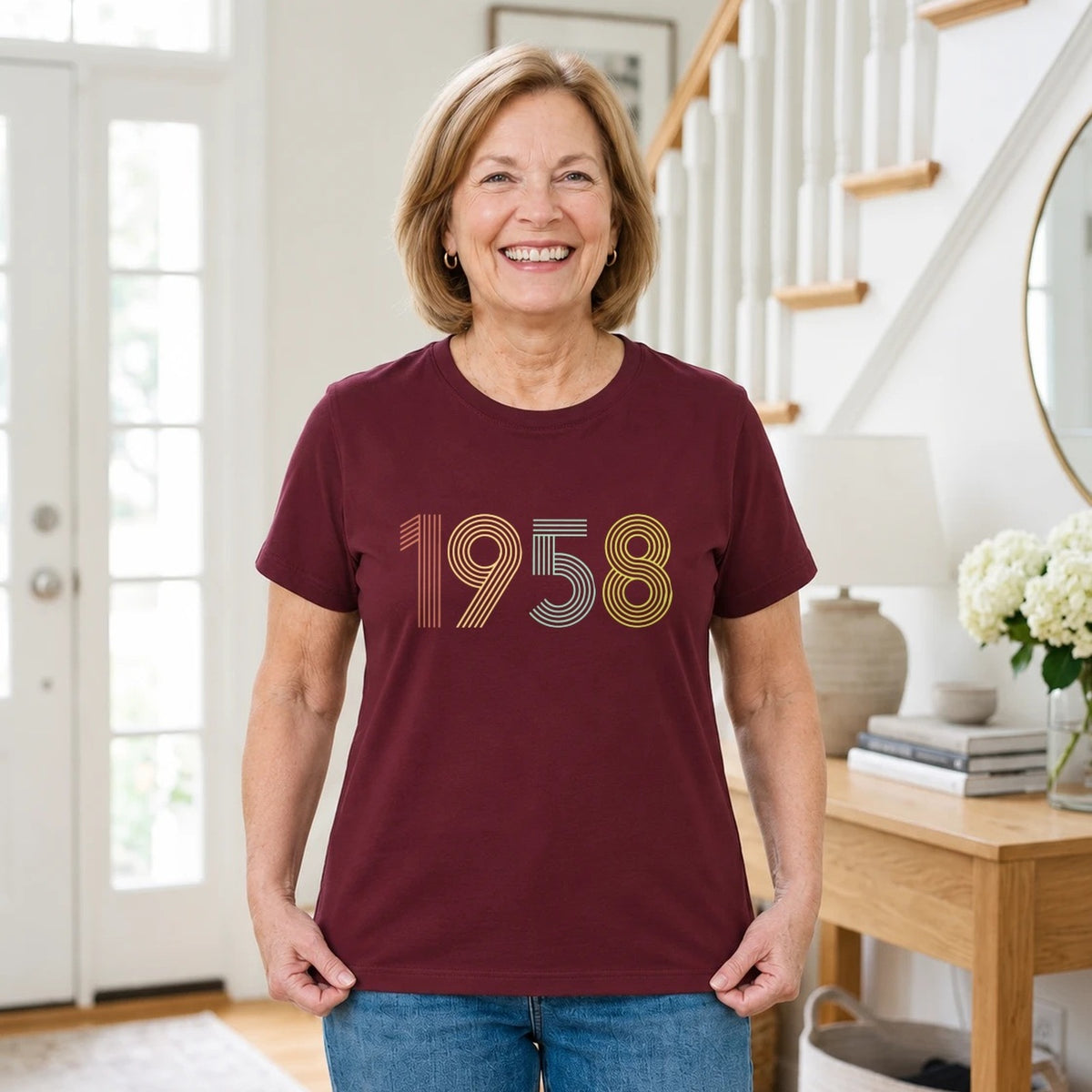 1958 Birth Year Shirt - Retro 68th Birthday T-Shirt for Women - Burgundy Round Neck