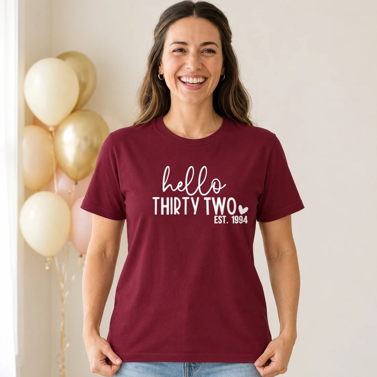Hello Thirty-Two 32nd Birthday T-Shirt for Women - Est. 1994 - Burgundy Round Neck