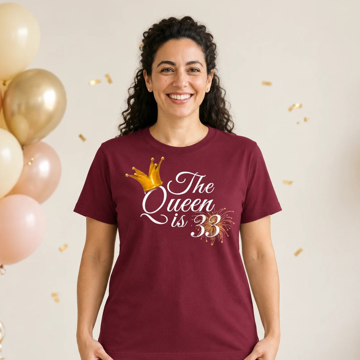 The Queen Is 33 - 33rd Birthday Queen T-Shirt for Women - Burgundy Round Neck