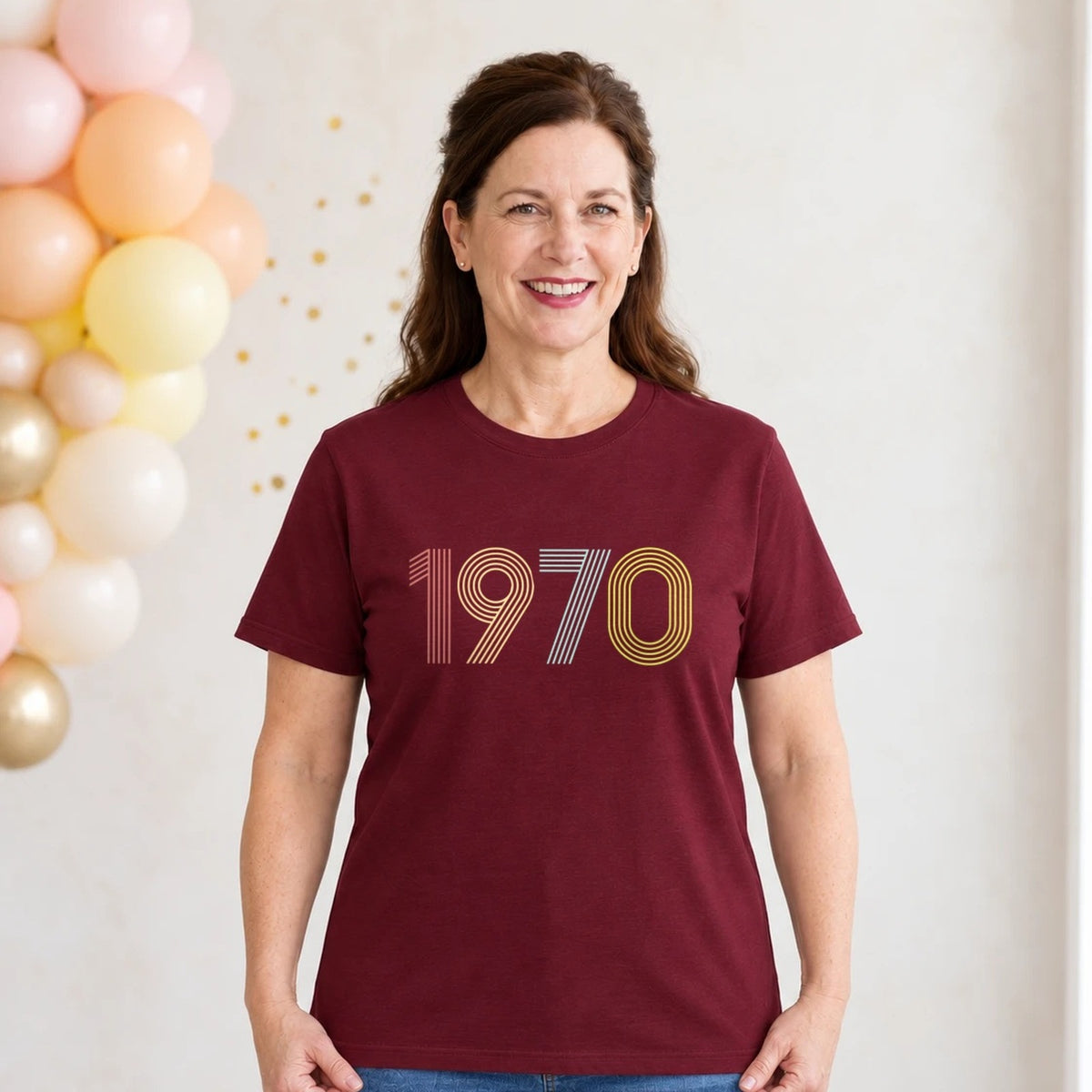1970 Birth Year Shirt - Retro 56th Birthday T-Shirt for Women - Burgundy Round Neck