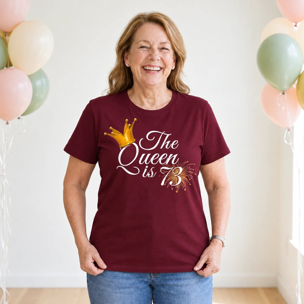 The Queen Is 73 - 73rd Birthday Queen T-Shirt for Women - Burgundy Round Neck