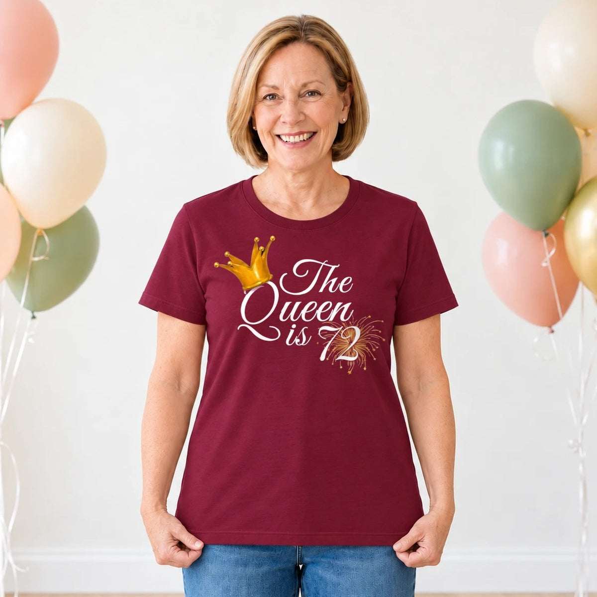 The Queen Is 72 - 72nd Birthday Queen T-Shirt for Women - Burgundy Round Neck