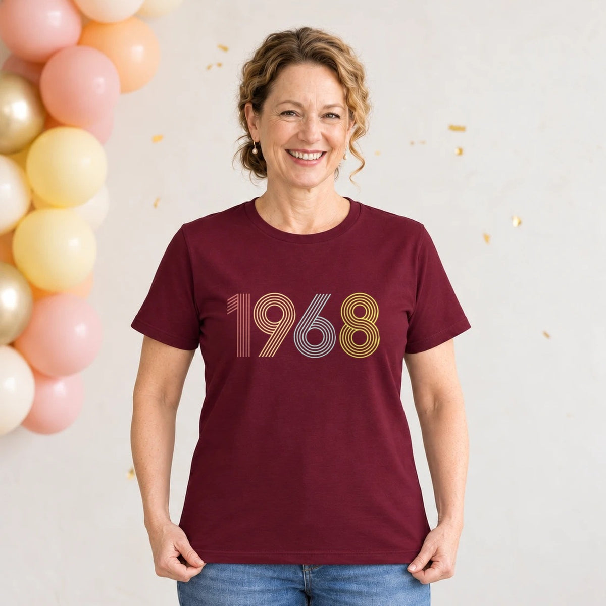 1968 Birth Year Shirt - Retro 58th Birthday T-Shirt for Women - Burgundy Round Neck