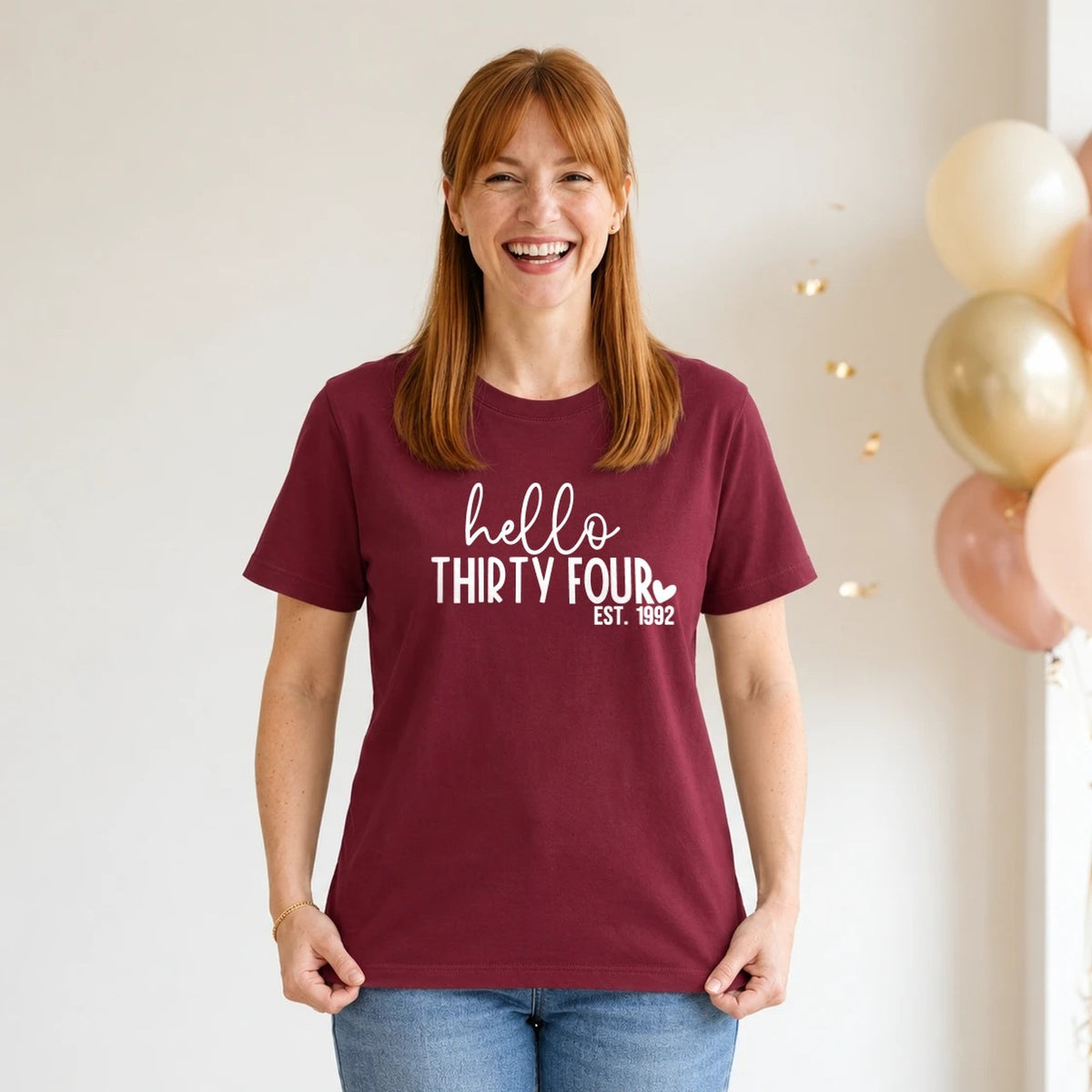 Hello Thirty-Four 34th Birthday T-Shirt for Women - Est. 1992 - Burgundy Round Neck
