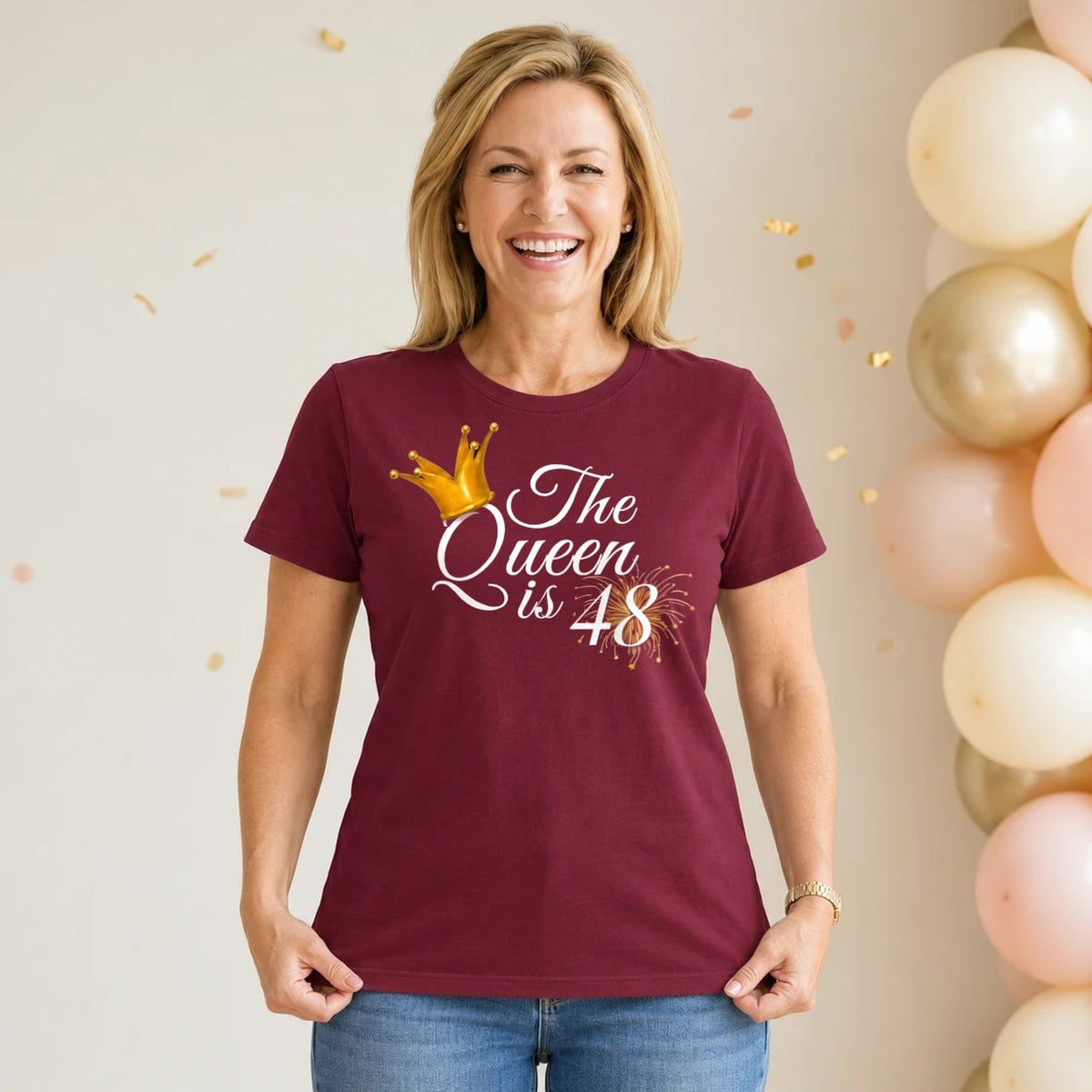 The Queen Is 48 - 48th Birthday Queen T-Shirt for Women - Burgundy Round Neck