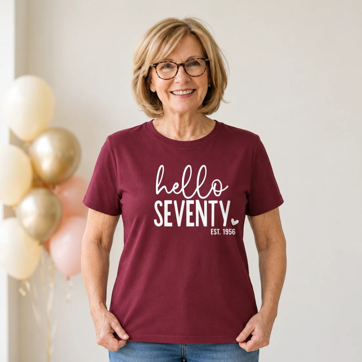 Hello Seventy 70th Birthday T-Shirt for Women - Est. 1956 - Burgundy Round Neck