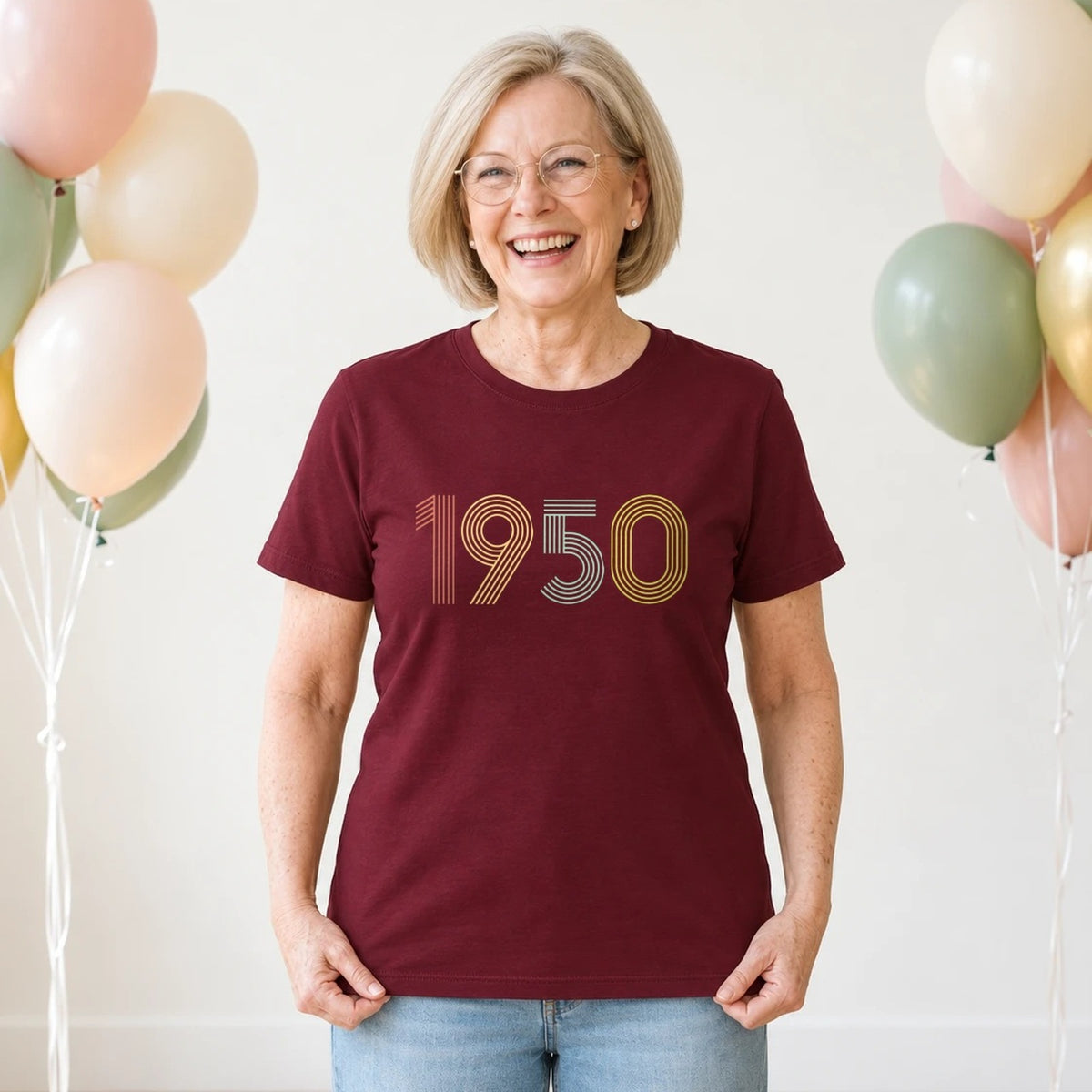 1950 Birth Year Shirt - Retro 76th Birthday T-Shirt for Women - Burgundy Round Neck