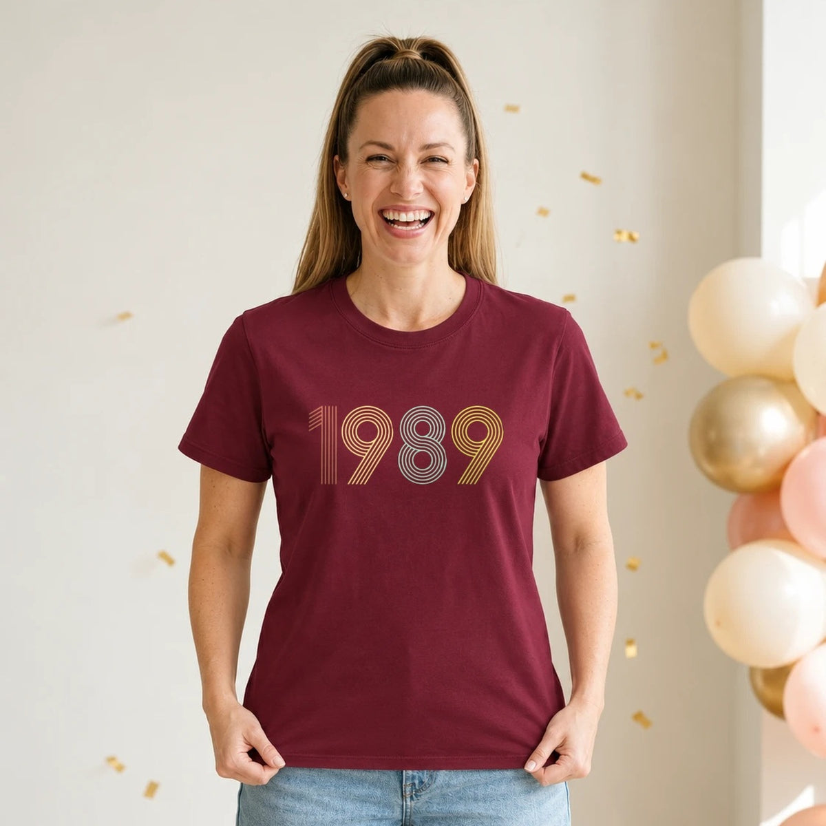 1989 Birth Year Shirt - Retro 37th Birthday T-Shirt for Women - Burgundy Round Neck