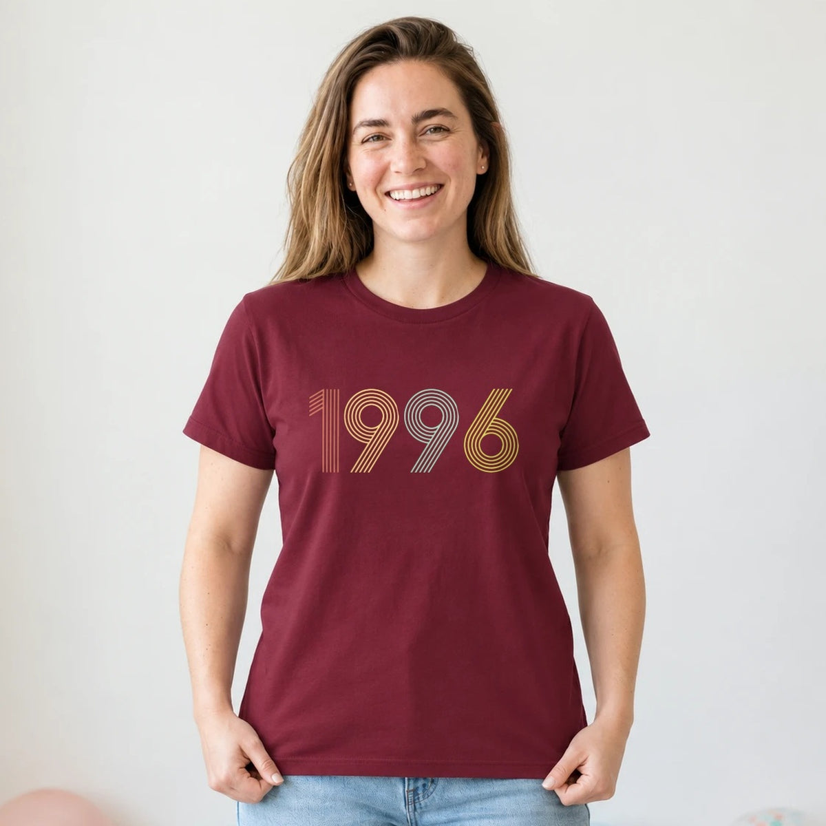 1996 Birth Year Shirt - Retro 30th Birthday T-Shirt for Women - Burgundy Round Neck