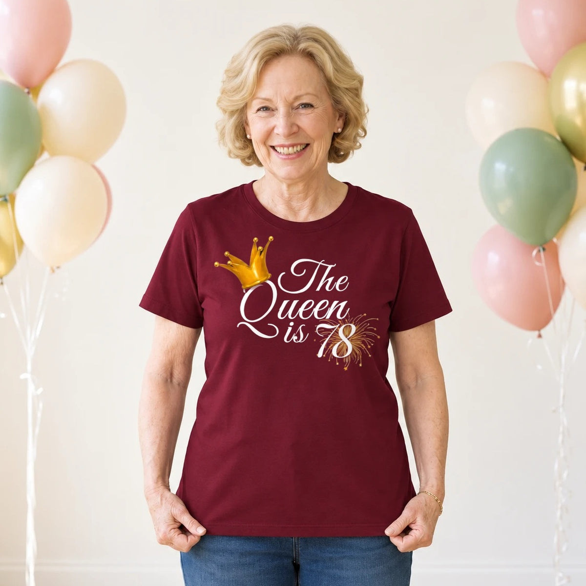 The Queen Is 78 - 78th Birthday Queen T-Shirt for Women - Burgundy Round Neck