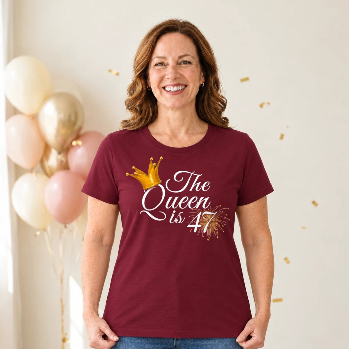 The Queen Is 47 - 47th Birthday Queen T-Shirt for Women - Burgundy Round Neck