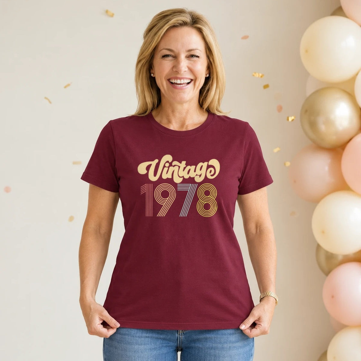 Vintage 1978 - Retro 48th Birthday T-Shirt for Women - Burgundy Round Neck