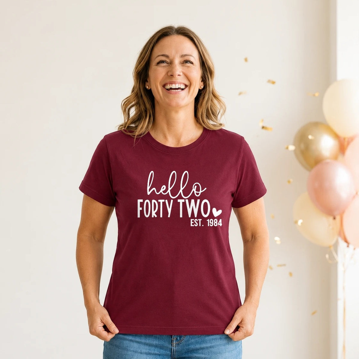 Hello Forty-Two 42nd Birthday T-Shirt for Women - Est. 1984 - Burgundy Round Neck