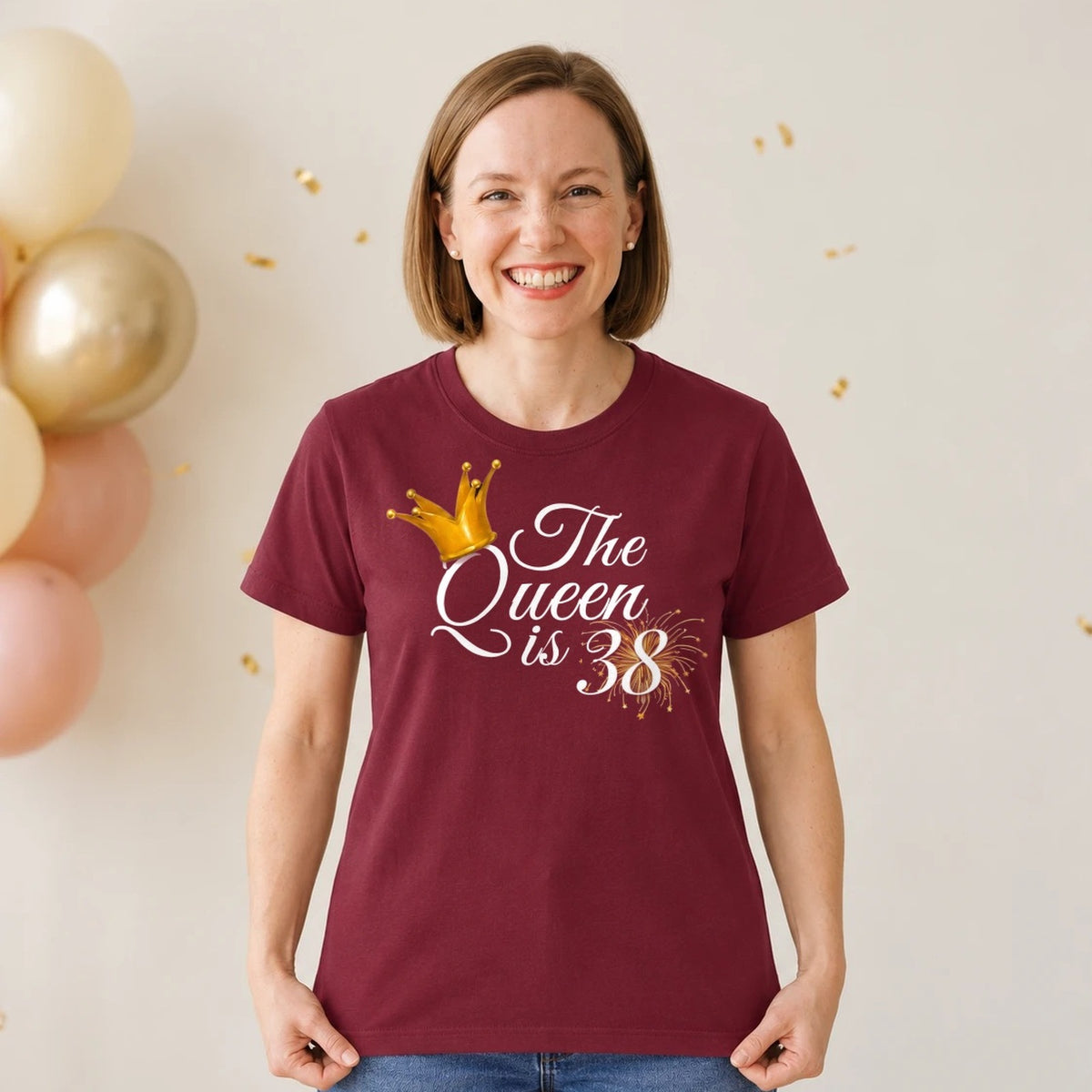 The Queen Is 38 - 38th Birthday Queen T-Shirt for Women - Burgundy Round Neck