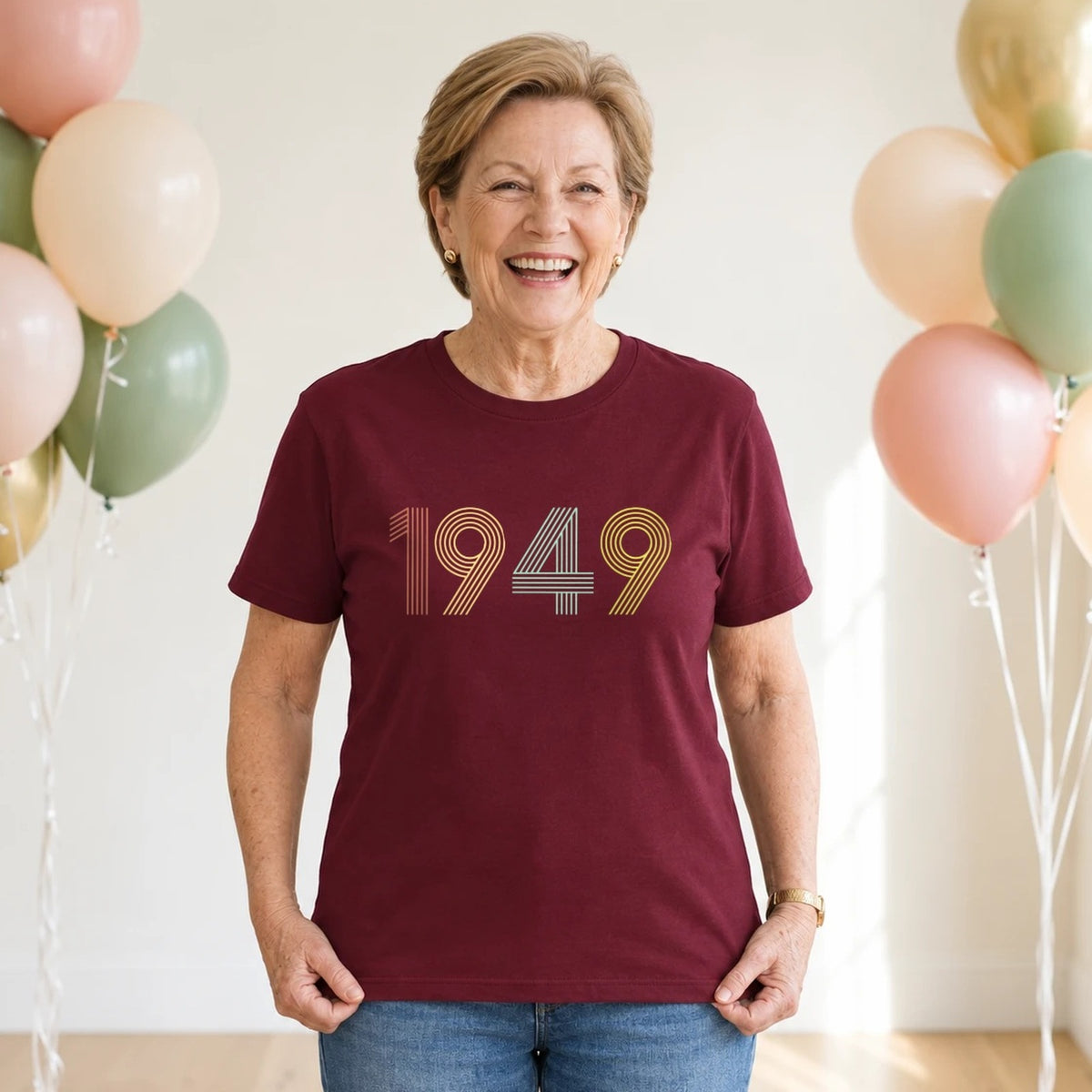 1949 Birth Year Shirt - Retro 77th Birthday T-Shirt for Women - Burgundy Round Neck
