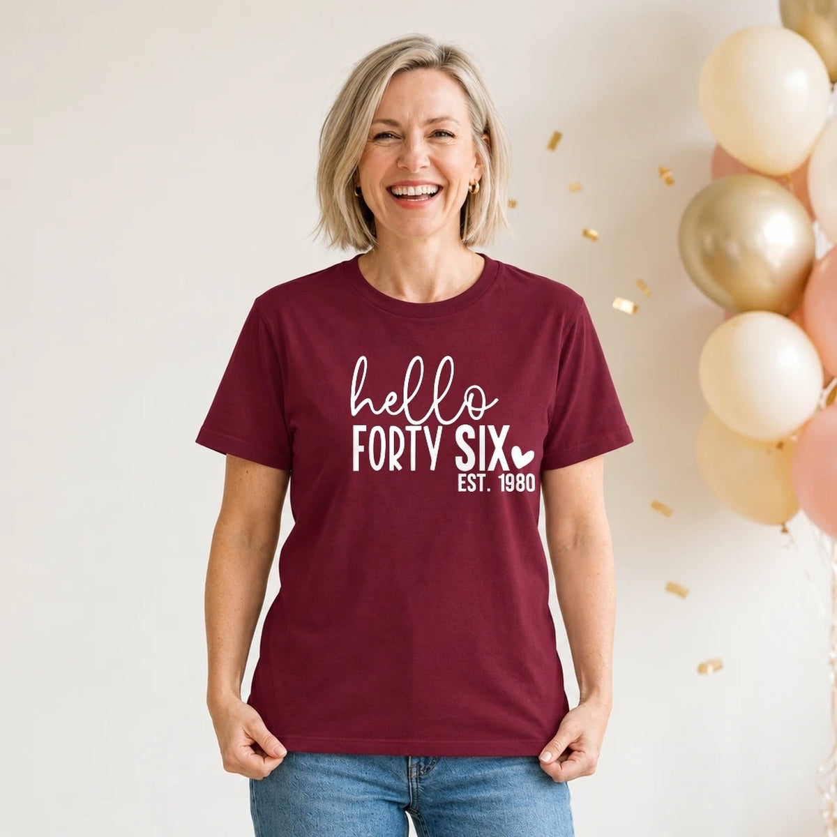 Hello Forty-Six 46th Birthday T-Shirt for Women - Est. 1980 - Burgundy Round Neck