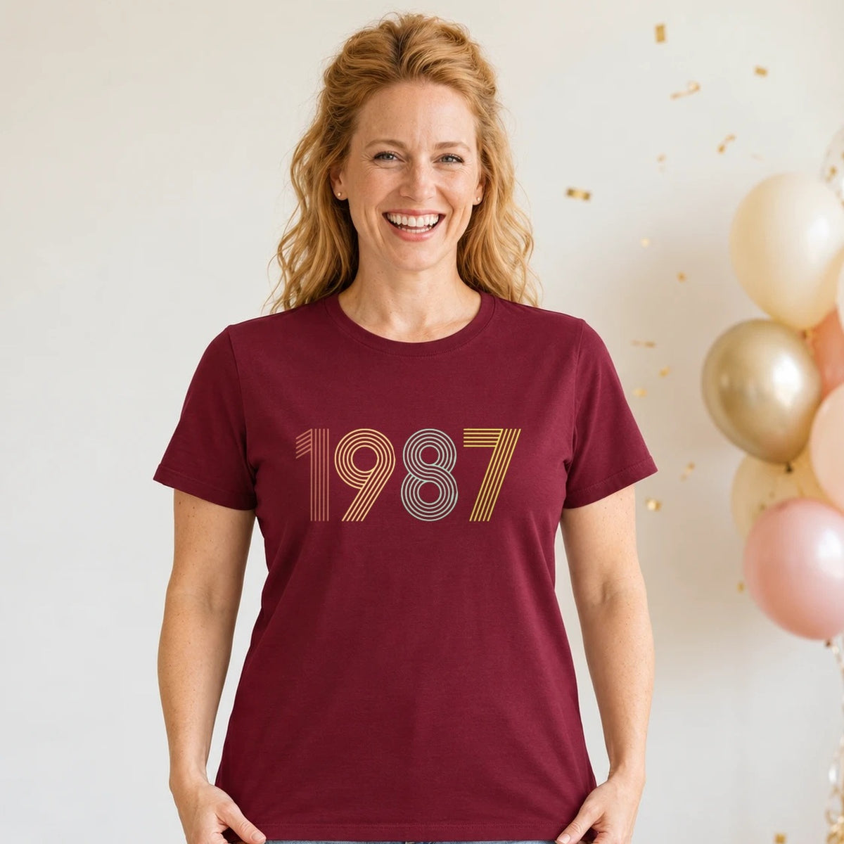 1987 Birth Year Shirt - Retro 39th Birthday T-Shirt for Women - Burgundy Round Neck