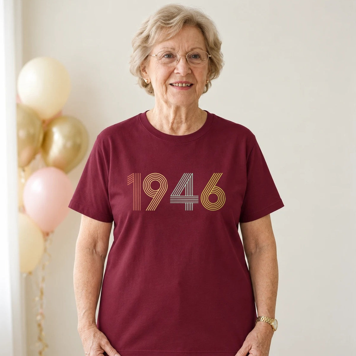 1946 Birth Year Shirt - Retro 80th Birthday T-Shirt for Women - Burgundy Round Neck