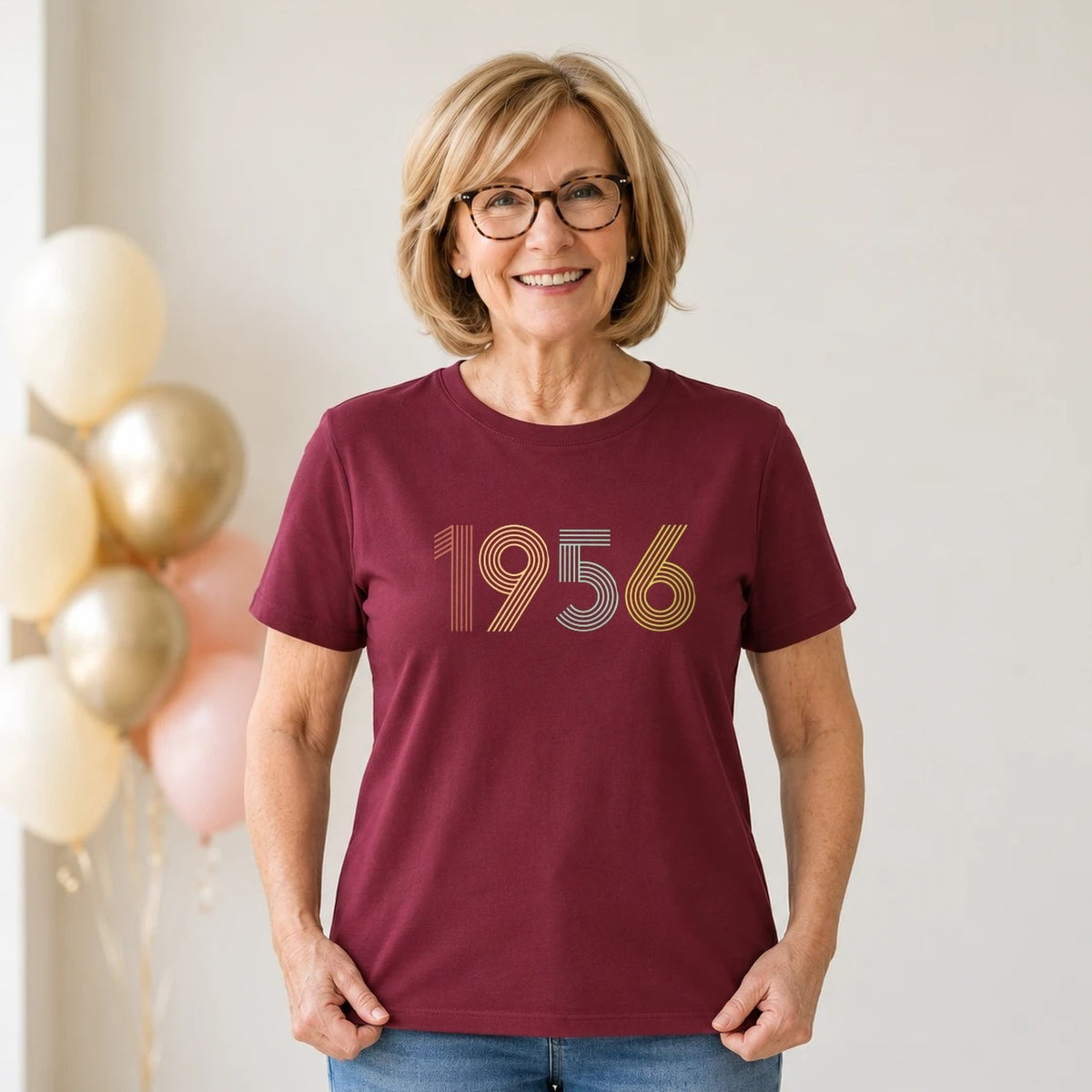 1956 Birth Year Shirt - Retro 70th Birthday T-Shirt for Women - Burgundy Round Neck
