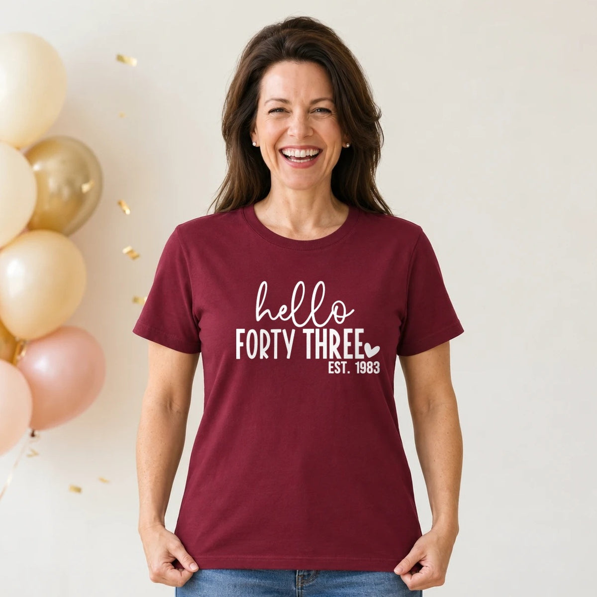 Hello Forty-Three 43rd Birthday T-Shirt for Women - Est. 1983 - Burgundy Round Neck