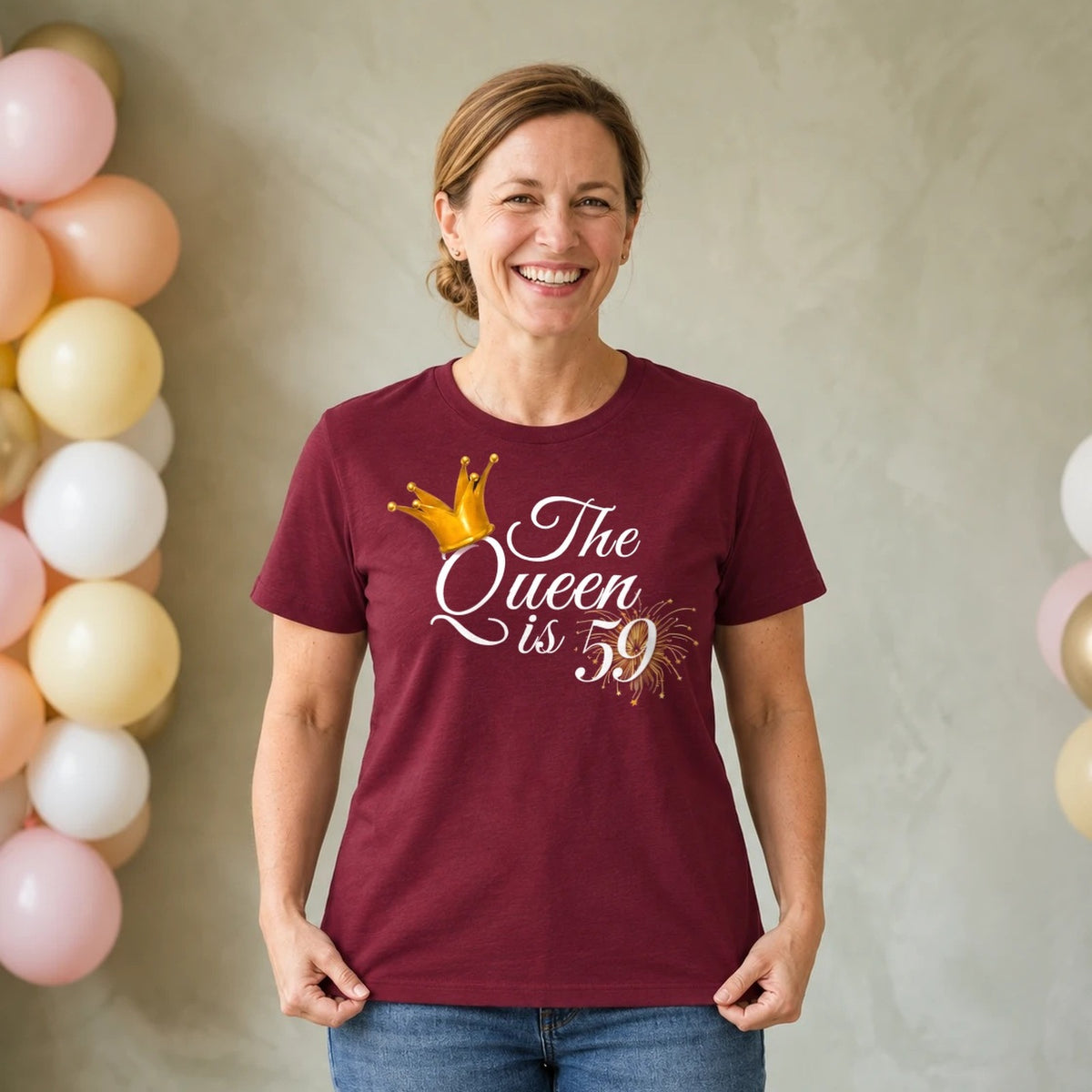 The Queen Is 59 - 59th Birthday Queen T-Shirt for Women - Burgundy Round Neck
