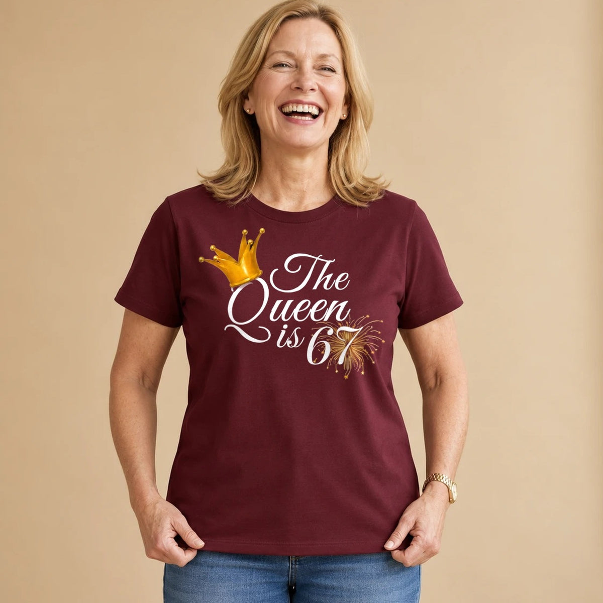 The Queen Is 67 - 67th Birthday Queen T-Shirt for Women - Burgundy Round Neck