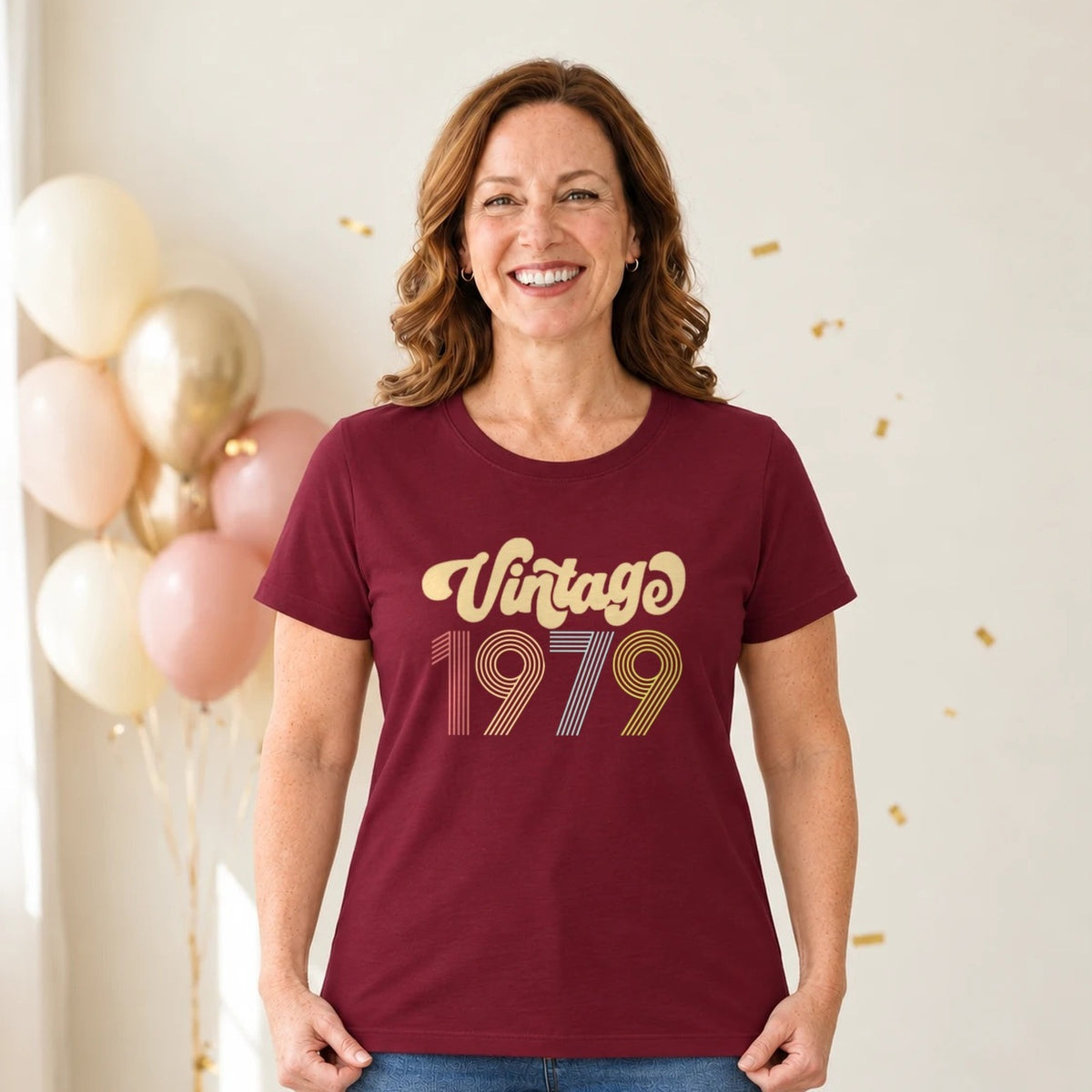 Vintage 1979 - Retro 47th Birthday T-Shirt for Women - Burgundy Round Neck