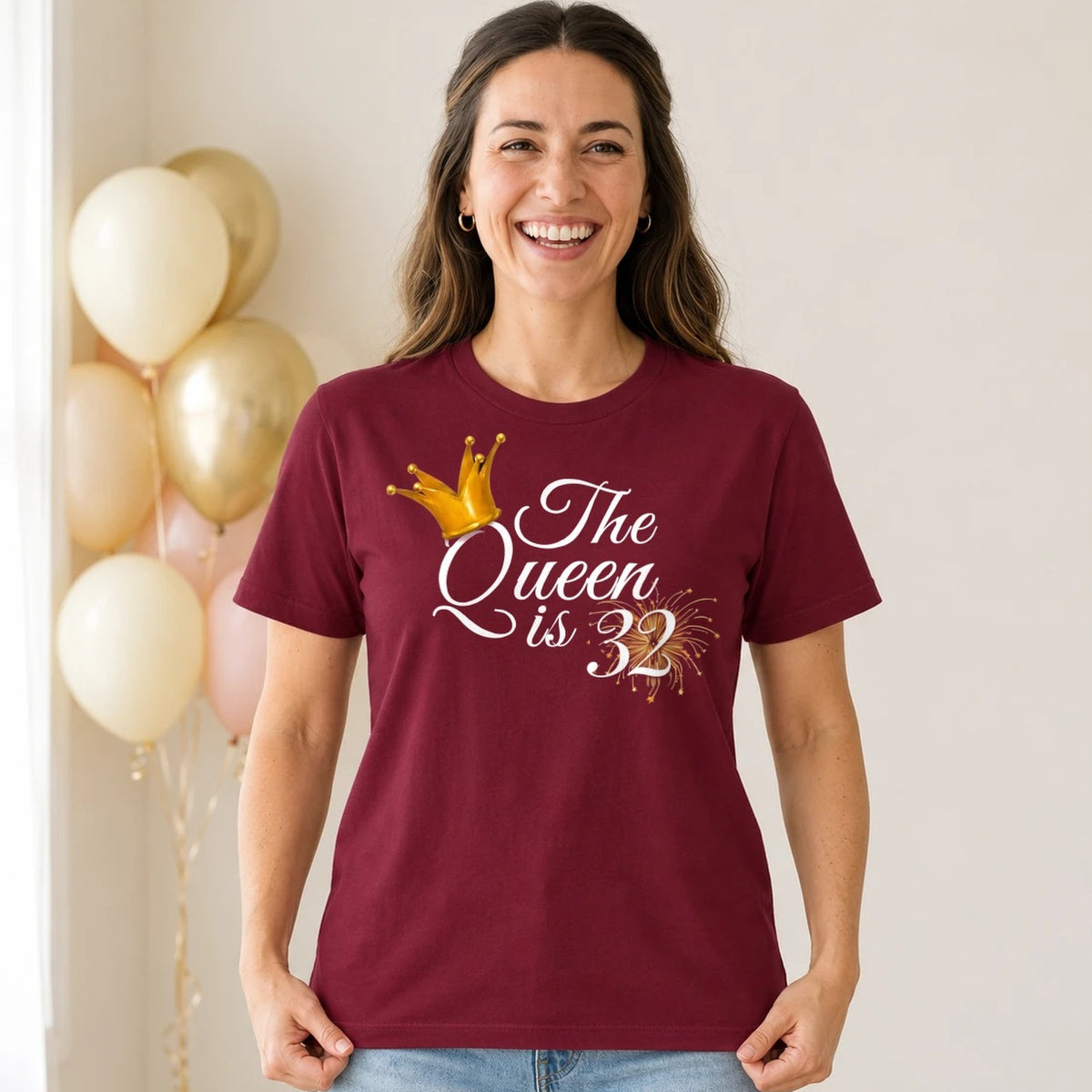 The Queen Is 32 - 32nd Birthday Queen T-Shirt for Women - Burgundy Round Neck