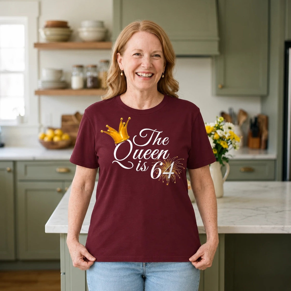 The Queen Is 64 - 64th Birthday Queen T-Shirt for Women - Burgundy Round Neck