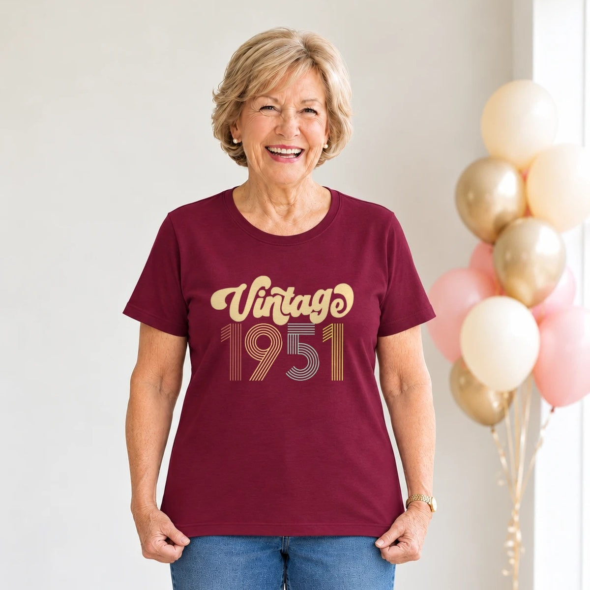 Vintage 1951 - Retro 75th Birthday T-Shirt for Women - Burgundy Round Neck