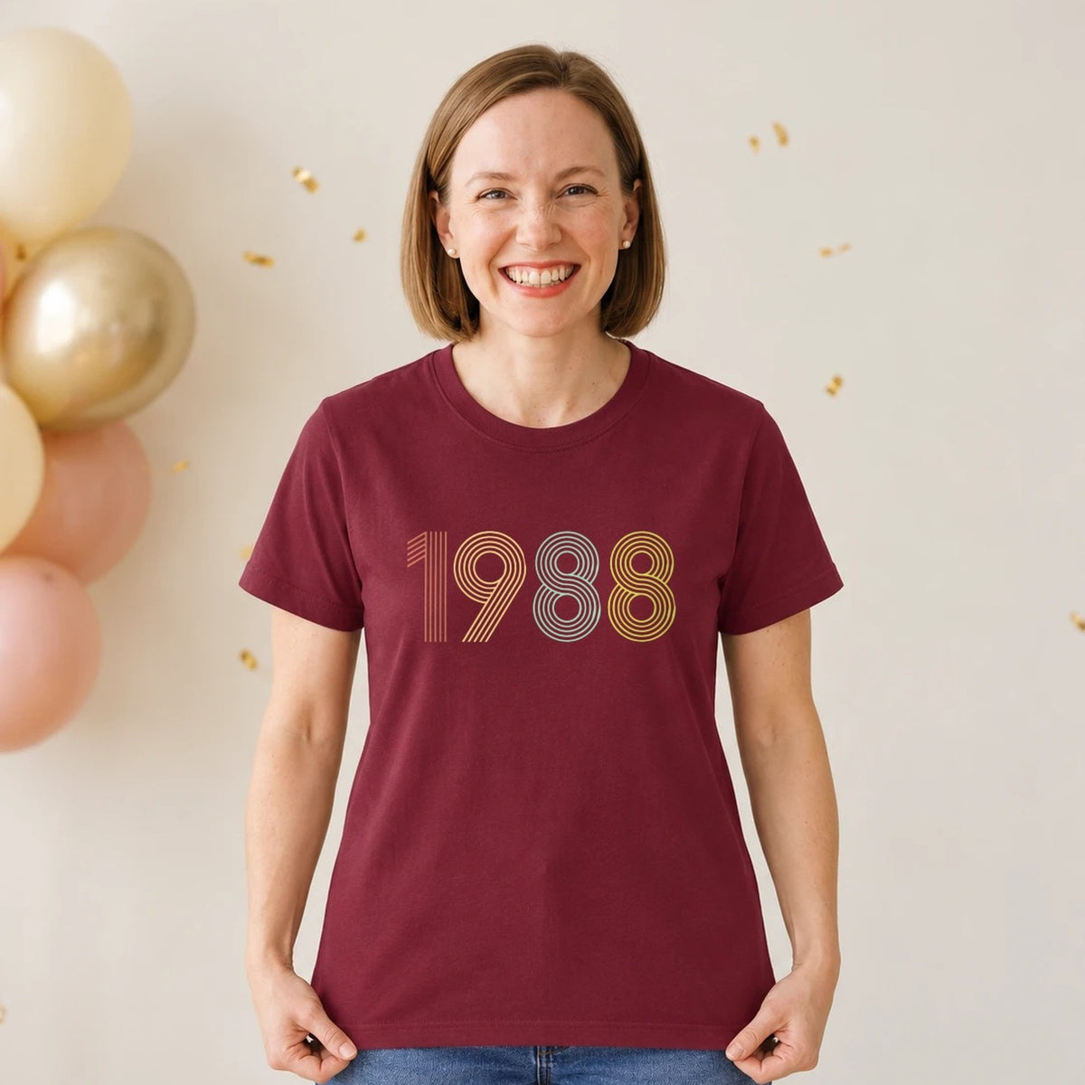 1988 Birth Year Shirt - Retro 38th Birthday T-Shirt for Women - Burgundy Round Neck