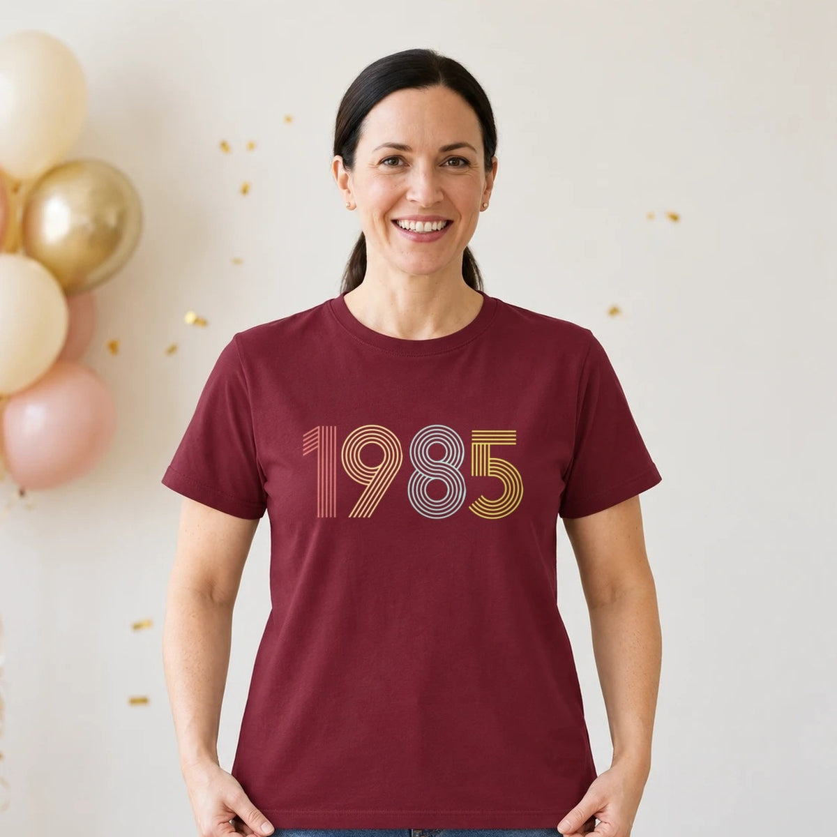 1985 Birth Year Shirt - Retro 41st Birthday T-Shirt for Women - Burgundy Round Neck