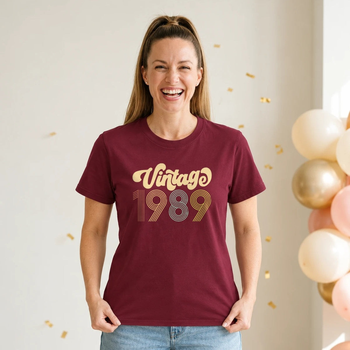 Vintage 1989 - Retro 37th Birthday T-Shirt for Women - Burgundy Round Neck
