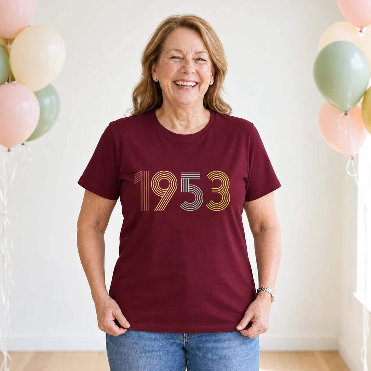 1953 Birth Year Shirt - Retro 73rd Birthday T-Shirt for Women - Burgundy Round Neck