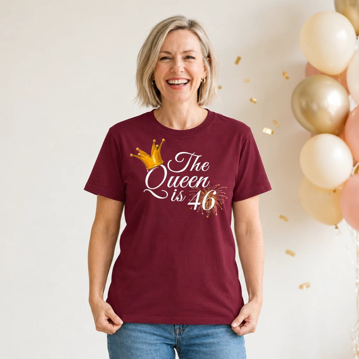 The Queen Is 46 - 46th Birthday Queen T-Shirt for Women - Burgundy Round Neck