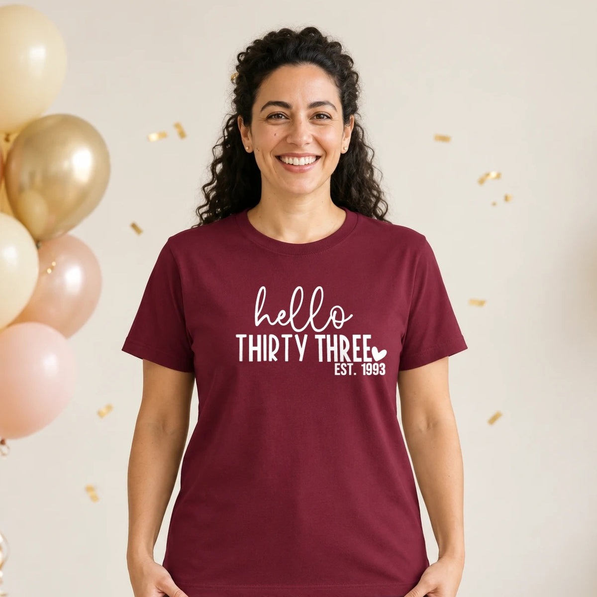 Hello Thirty-Three 33rd Birthday T-Shirt for Women - Est. 1993 - Burgundy Round Neck