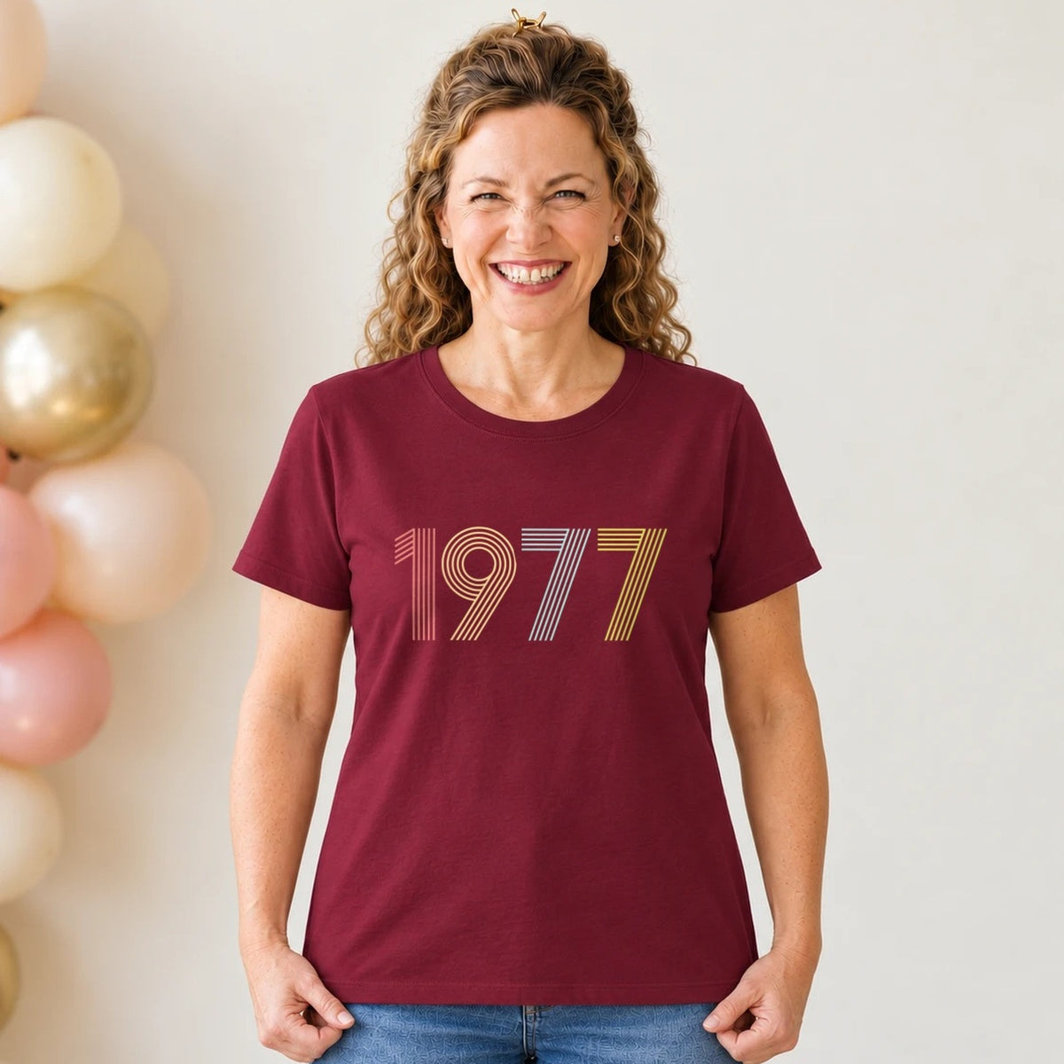 1977 Birth Year Shirt - Retro 49th Birthday T-Shirt for Women - Burgundy Round Neck