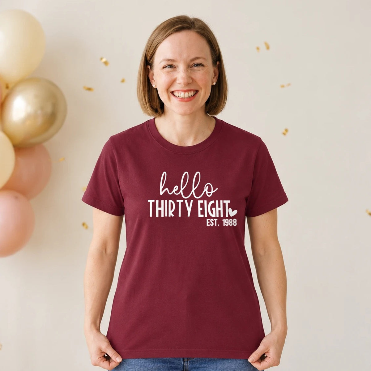 Hello Thirty-Eight 38th Birthday T-Shirt for Women - Est. 1988 - Burgundy Round Neck