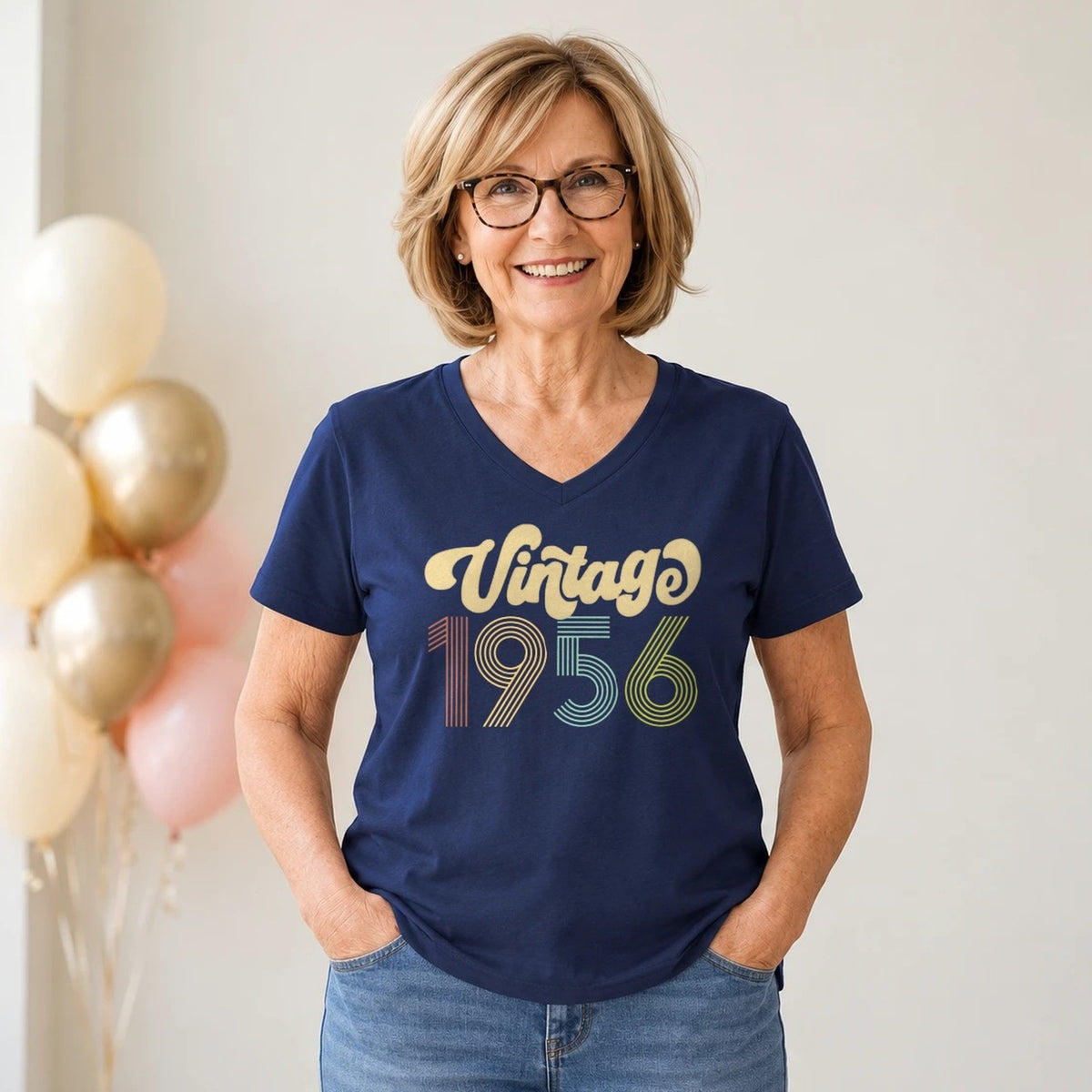 Vintage 1956 - Retro 70th Birthday T-Shirt for Women - Navy Blue V-Neck