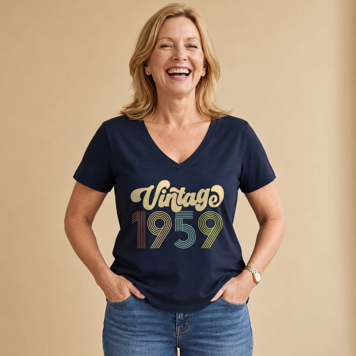 Vintage 1959 - Retro 67th Birthday T-Shirt for Women - Navy Blue V-Neck