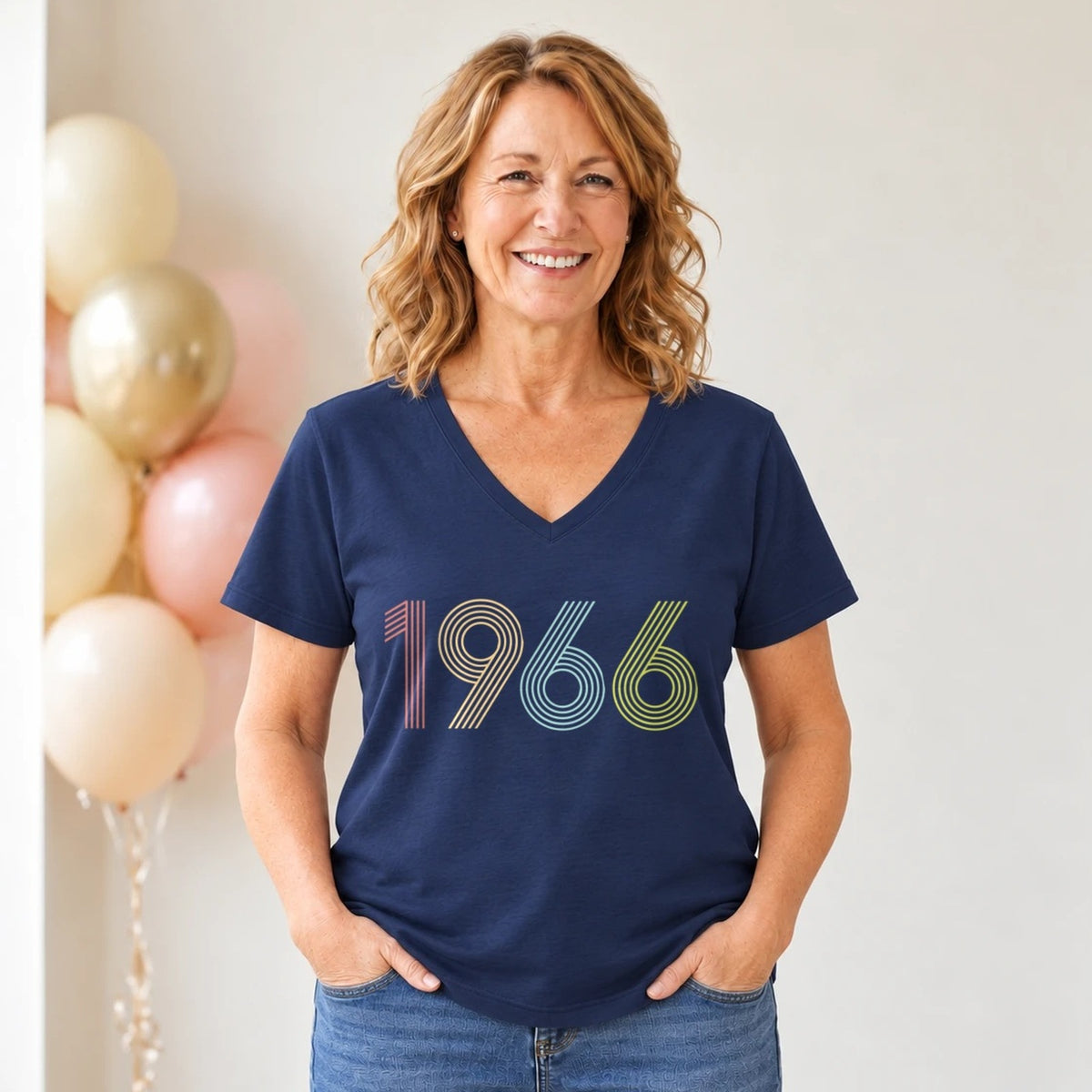 1966 Birth Year Shirt - Retro 60th Birthday T-Shirt for Women - Navy Blue V-Neck
