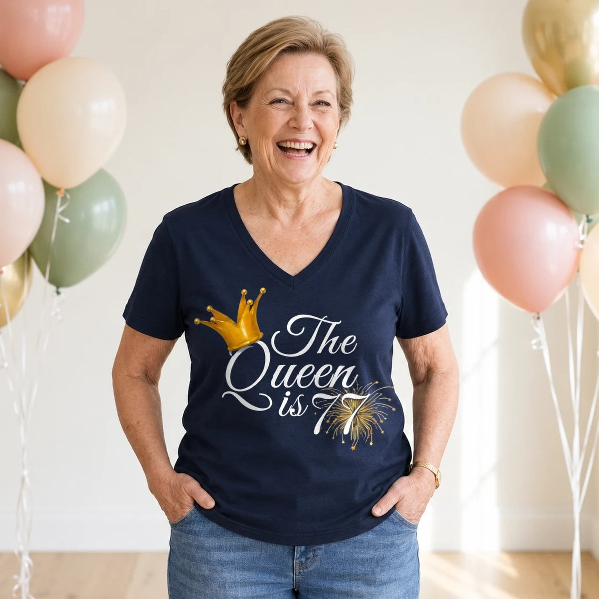 The Queen Is 77 - 77th Birthday Queen T-Shirt for Women - Navy Blue V-Neck