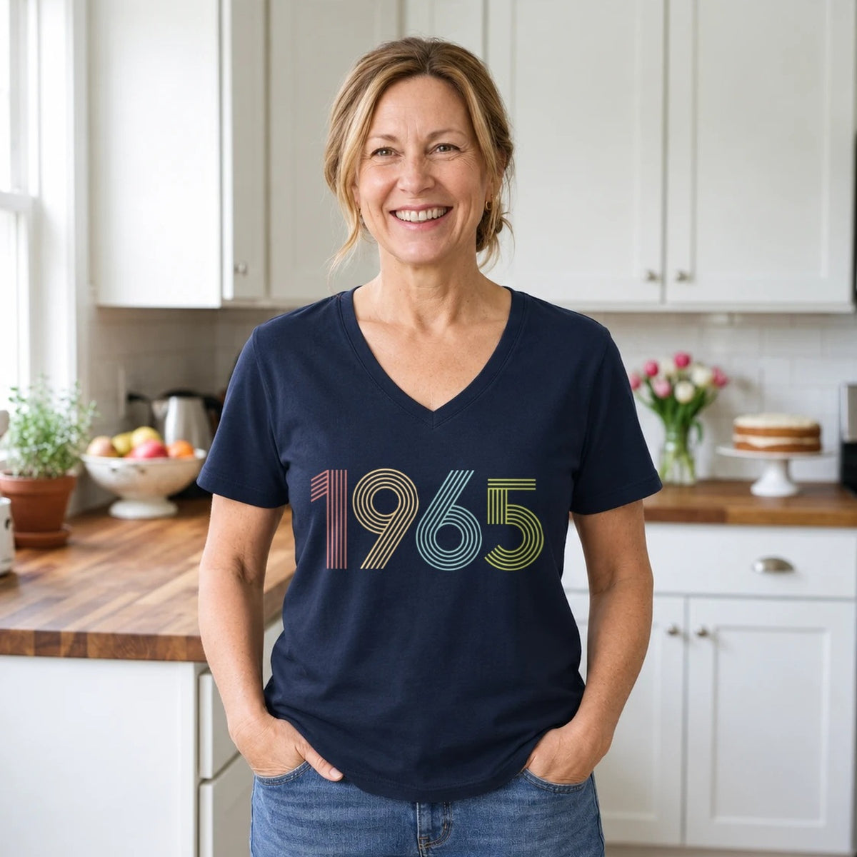 1965 Birth Year Shirt - Retro 61st Birthday T-Shirt for Women - Navy Blue V-Neck