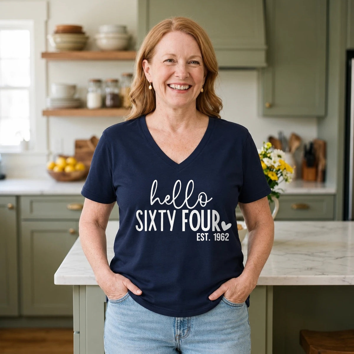 Hello Sixty-Four 64th Birthday T-Shirt for Women - Est. 1962 - Navy Blue V-Neck