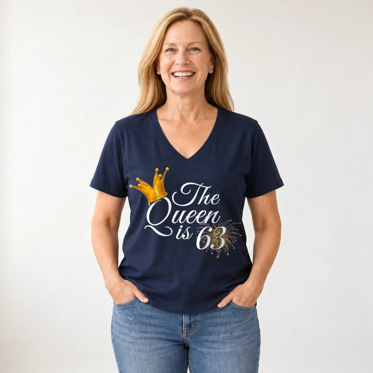 The Queen Is 63 - 63rd Birthday Queen T-Shirt for Women - Navy Blue V-Neck