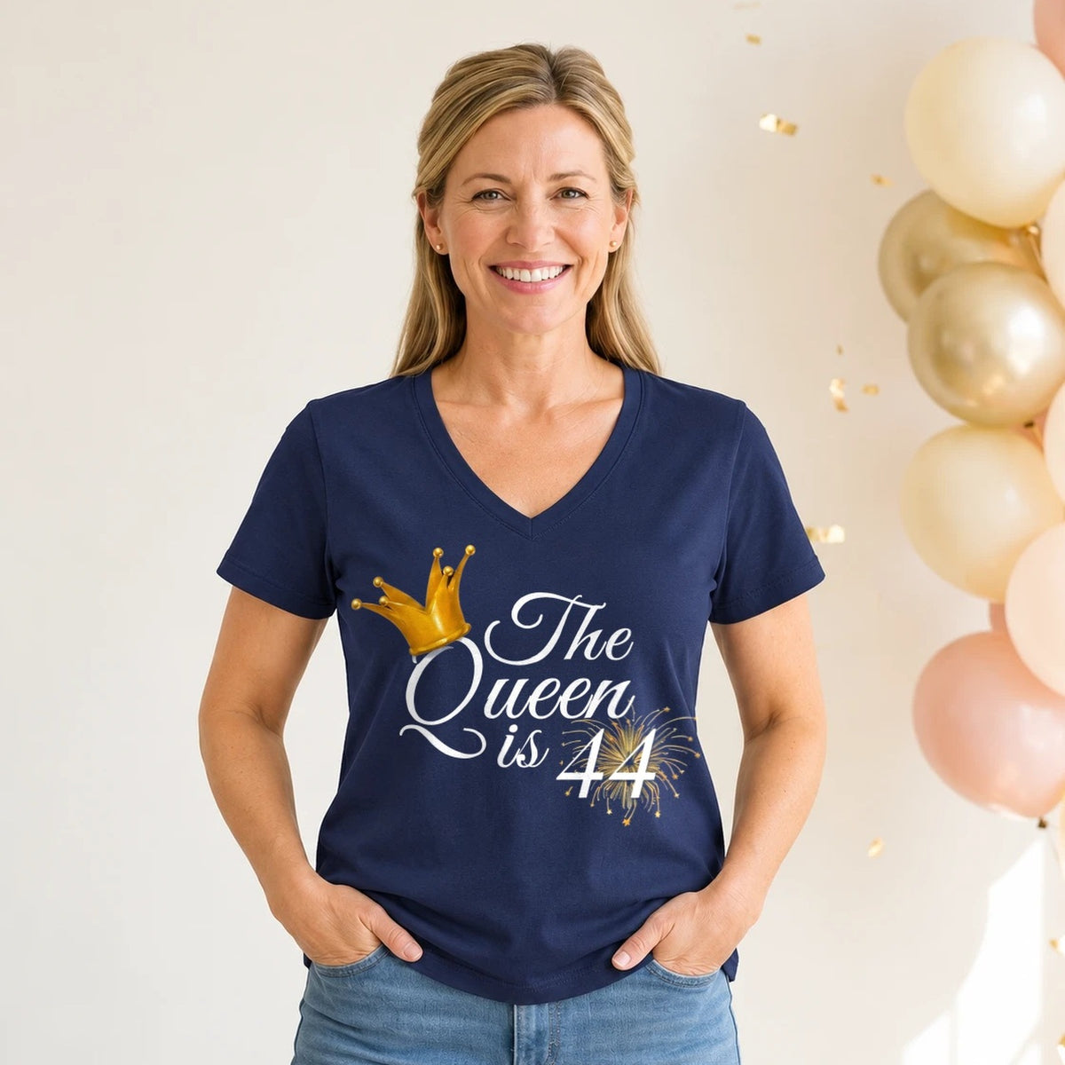 The Queen Is 44 - 44th Birthday Queen T-Shirt for Women - Navy Blue V-Neck