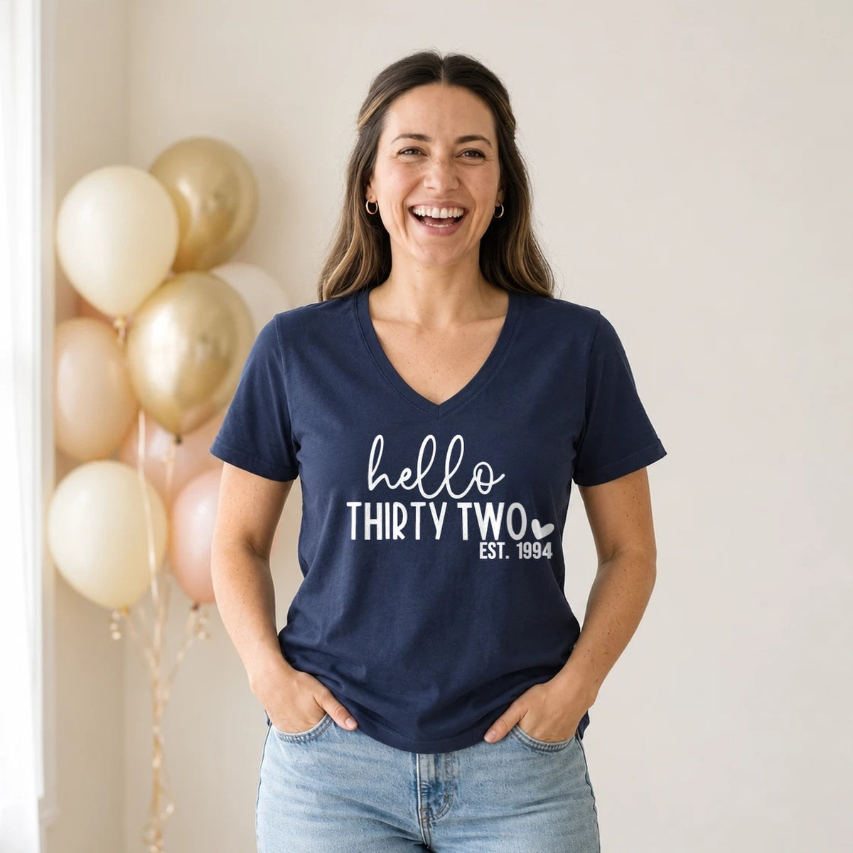 Hello Thirty-Two 32nd Birthday T-Shirt for Women - Est. 1994 - Navy Blue V-Neck