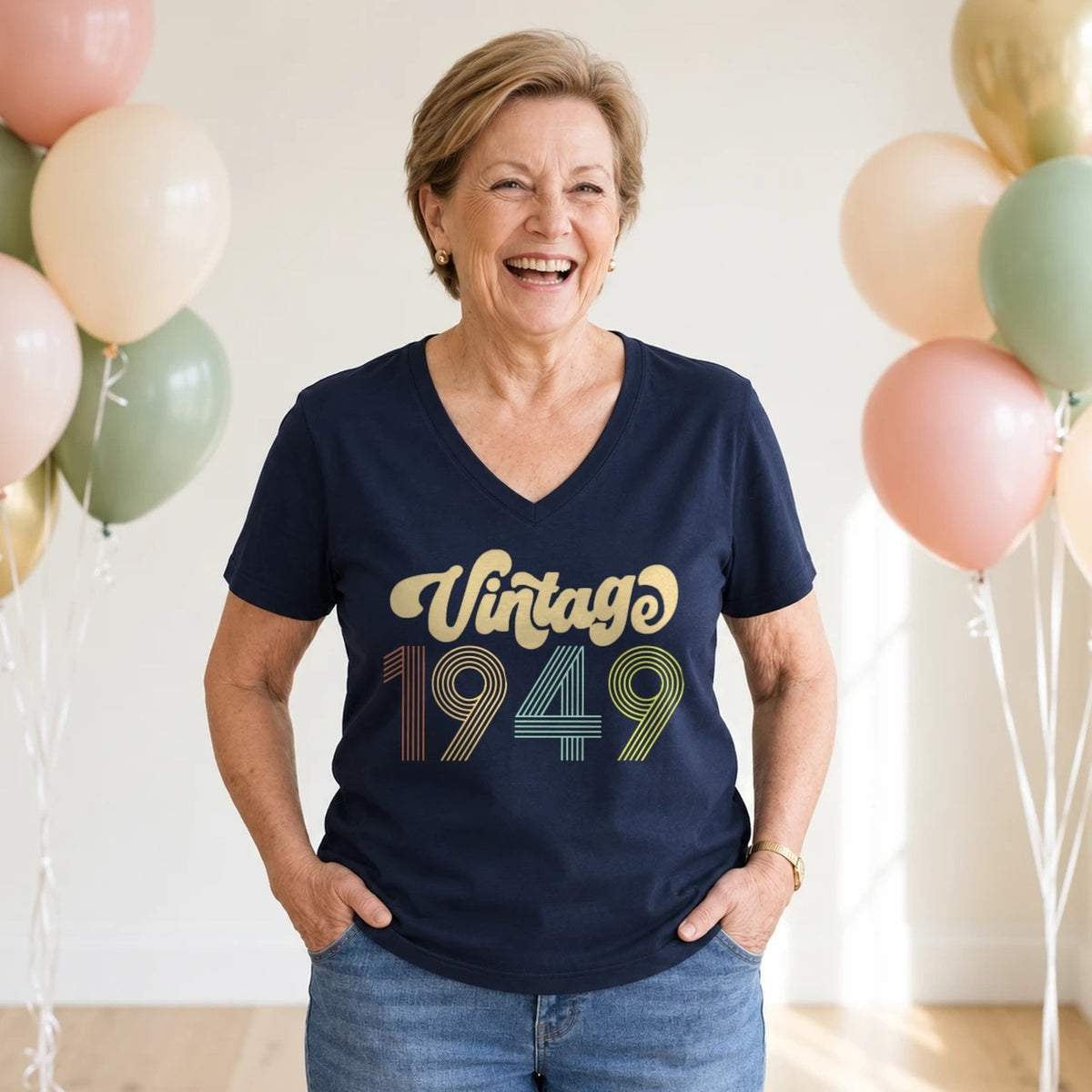 Vintage 1949 - Retro 77th Birthday T-Shirt for Women - Navy Blue V-Neck